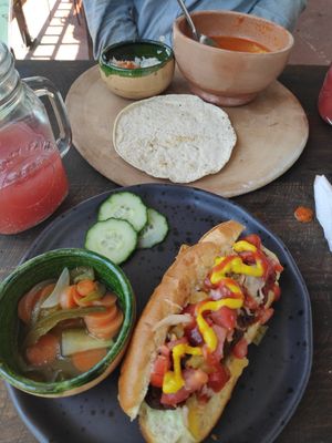 Vegan hotdog at Los Muchitos Comida Vegana in Oaxaca