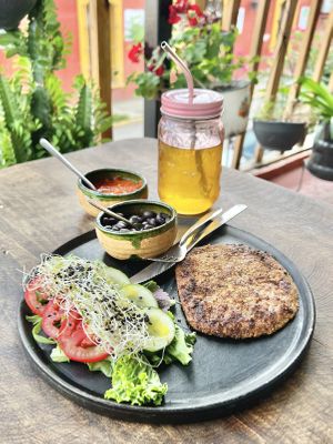 Chickpea milk was  at Los Muchitos Comida Vegana in Oaxaca