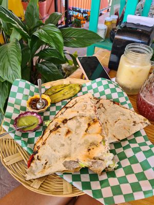 Tlayuda at Los Muchitos Comida Vegana in Oaxaca