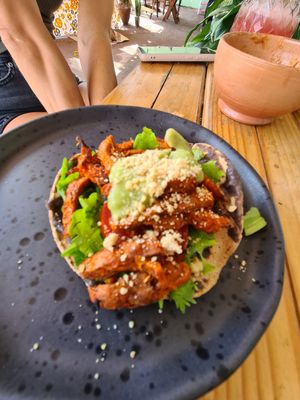 Tostado pastor at Los Muchitos Comida Vegana in Oaxaca
