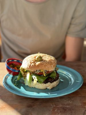 Lentil Burger  at Los Muchitos Comida Vegana in Oaxaca