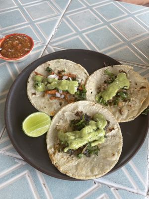 Taquito’s with spicy salsa  at Los Muchitos Comida Vegana in Oaxaca