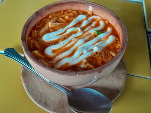 Sopa azteca at Los Muchitos Comida Vegana in Oaxaca