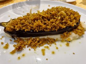 Baked Eggplant with bulgur and celery purée at Hubertusklause in Juist