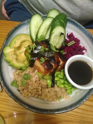 incredible tasting poke bowl with peanut butter tofu at Avocado in Athens