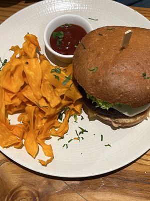 Teriyaki burger with sweet potato chips   at Avocado in Athens