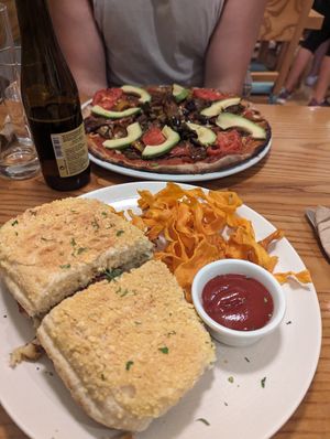 Mushroom and potato cake panini with sweet potato crisps at Avocado in Athens