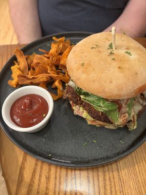 Avocado Burger & sweet potato chips. As huge as it looks    at Avocado in Athens
