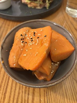 Roasted sweet potatoes with sesame oil and seeds    at Avocado in Athens
