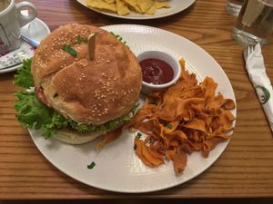 Vegan burger with sweet potatos chips at Avocado in Athens