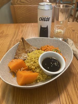 Macro bowl and Chloe cat beer  at Avocado in Athens