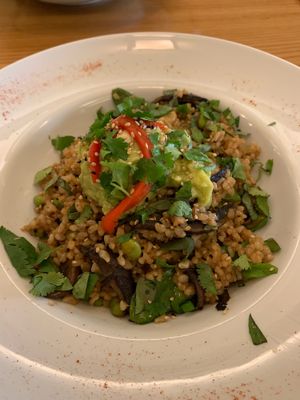 Vegan brown rice with avocado at Avocado in Athens