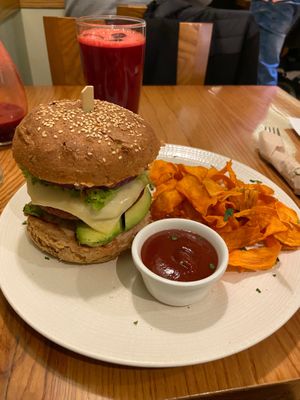 Avocado burger and Ginger Passion at Avocado in Athens