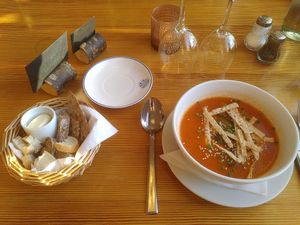 Starters: Cold tomato soup (vegan) and bread with vegan butter at STF Kvikkjokk Fjällstation in Kvikkjokk