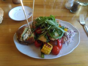 Grilled veggies with a roasted potatoes and salad with vegan yogurt dressing at STF Kvikkjokk Fjällstation in Kvikkjokk