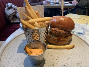 The plum plant chicken burger with hand cut fries. This tasted so fresh and delicious. #Veganuary at Mallow - Borough Market in South East London