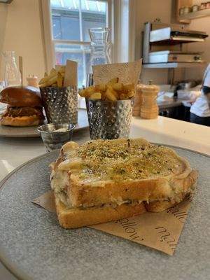Croque Monsieur and chicken burger  at Mallow - Borough Market in South East London