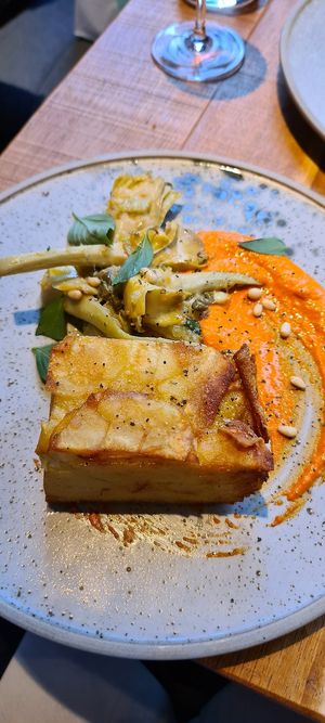 Roman artichoke caponata, potato pava, red pepper pine nut cream at Mallow - Borough Market in South East London