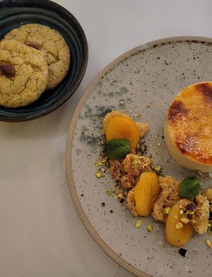 Creme brulee and pistachio ghorayebah at Mallow - Borough Market in South East London
