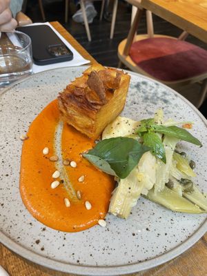 roman artichoke caponata, potato pave, red pepper pine nut cream  at Mallow - Borough Market in South East London