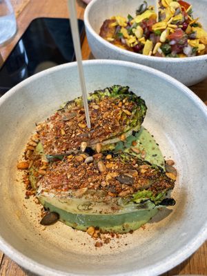 baby gem hearts, green tahini, red seed dukkah  at Mallow - Borough Market in South East London