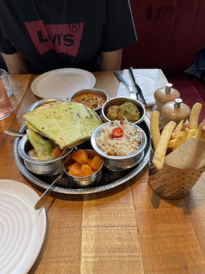 Market Thali, which includes a range of delicious foods - perfect for sharing between two.  at Mallow - Borough Market in South East London