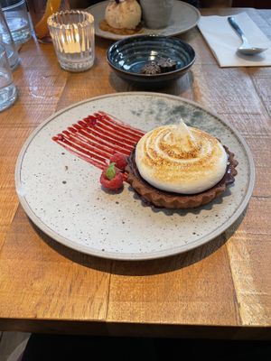Chocolate raspberry s’mores tart.   at Mallow - Borough Market in South East London