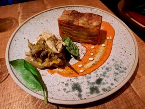 Artichoke caponata with potato pave and pepper and pine nut sauce at Mallow - Borough Market in South East London