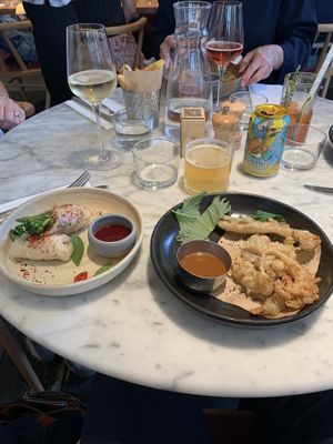Asparagus,  broccoli summer rolls, raspberry nuoc Cham. Also tempura fungi, shiso, szechuan passion dip.  at Mallow - Borough Market in South East London