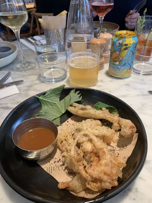 Tempura fungi, shiso, szechuan passion dip  at Mallow - Borough Market in South East London
