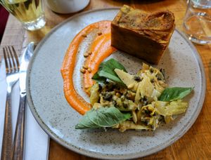 roman artichoke caponata, potato pave, red pepper pine nut cream at Mallow - Borough Market in South East London