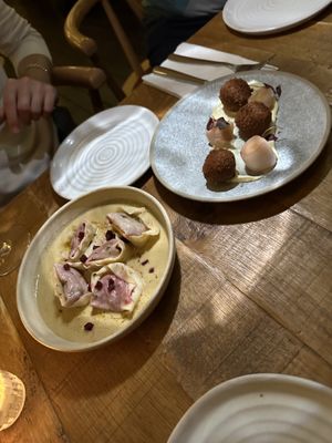 Mushroom croquettes and tortellini   at Mallow - Borough Market in South East London