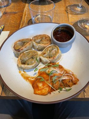 Dumplings with kimchi  at Mallow - Borough Market in South East London