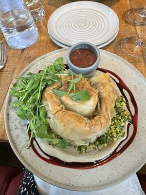 burnt aubergine muhammara borek, green tabbouleh, baba ganoush cream, ezme  at Mallow - Borough Market in South East London