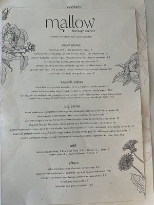 The menu  at Mallow - Borough Market in South East London