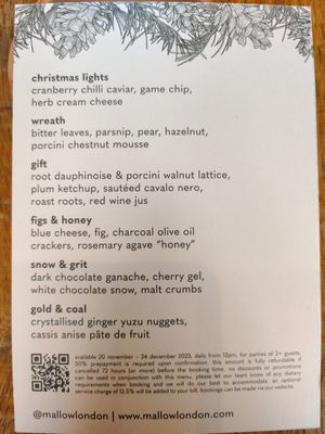 Xmas tasting menu details at Mallow - Borough Market in South East London