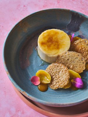 crème brûlée, vanilla thyme poached apricot, apricot coulis, lemon snap at Mallow - Borough Market in South East London