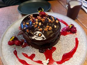 black forest chocolate pancakes, cherry, hazelnut, vanilla cream at Mallow - Borough Market in South East London