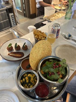 Chorizo croquettes, Thali and Cajun chips  at Mallow - Borough Market in South East London
