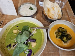 Green amok, coconut rice, amba cauliflower hummus, flatbread at Mallow - Borough Market in South East London