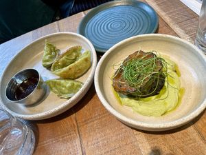 Dumplings & miso aubergine with edamame cream   at Mallow - Borough Market in South East London