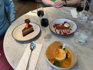 We had brunch, muhammara borek: charred pepper aubergine & walnut filled filo pastry, saffron tahini.  A crème brûlée andStrawberry & Rhubarb noughtini.  Allergens are clearly l at Mallow - Borough Market in South East London