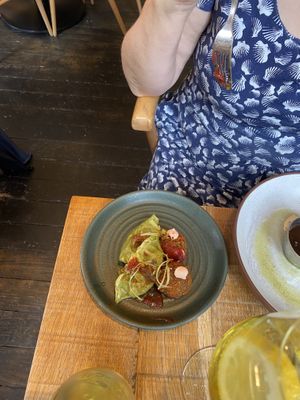 Half green oil gyozas and half mushroom croquettes (divine!)  at Mallow - Borough Market in South East London