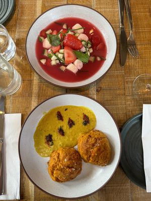strawberry hibiscus & heart of palm ceviche/  sweet potato chapaleles  at Mallow - Borough Market in South East London