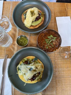 mechedo & pumpkin blossom/ chorizo caraotas negras/ aji picante verde  at Mallow - Borough Market in South East London