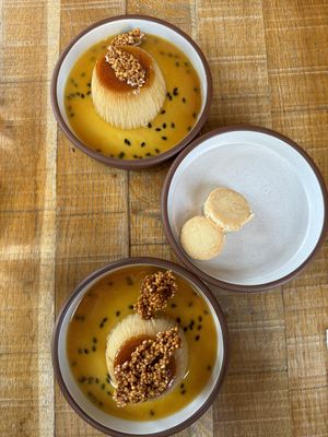 maracuya quinoa flan, quinoa brittle/ dulce de leche alfajores  at Mallow - Borough Market in South East London