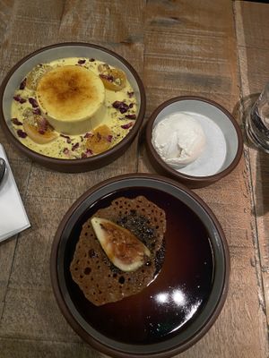 Sticky toffee pudding and ice cream (10/10 not too sweet, deeper caramelised flavours), crème brûlée (5/10- rose petals and apricots had a strange aftertaste)   at Mallow - Borough Market in South East London