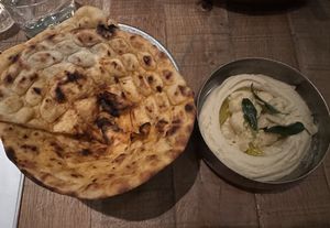 white bean confit garlic hummus : citrus almond pesto with  flatbread, tempered curry leaf oil  at Mallow - Borough Market in South East London