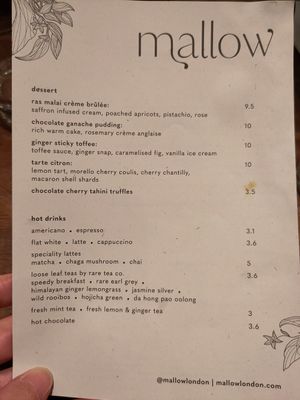 Dessert menu at Mallow - Borough Market in South East London