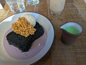 Ube french toast (black charcoal brioche, pandan cream, ube anglaise, crispy quinoa and vanilla ice cream)
(From the weekend brunch menu) at Mallow - Borough Market in South East London